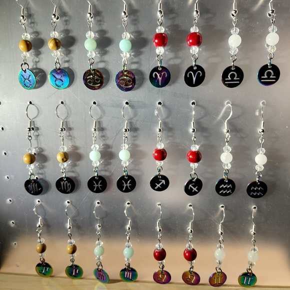Zodiac Sign With Corresponding Element Color Drop Earrings 925 Hypoallergenic - Picture 2 of 5